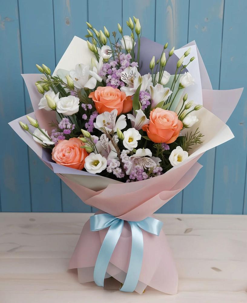 Букет цветов из: Лизиантусы, Розы, Альстромерии и Гипсофила в Благодатном