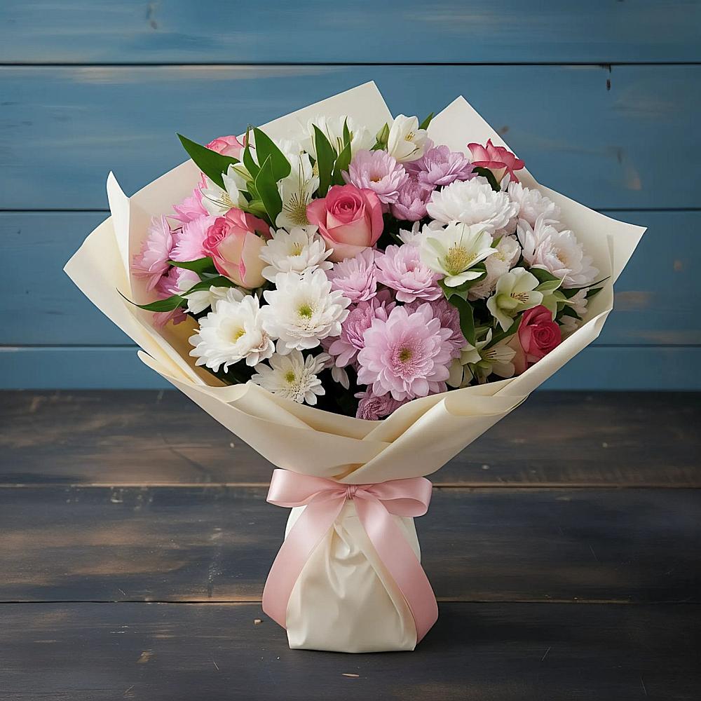 Букет цветов из: Хризантемы, Альстромерии и Розы в Благодатном